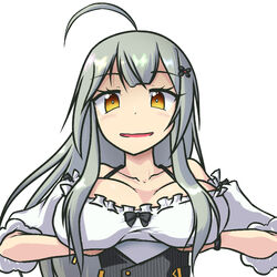 1girls ahoge blush bow breast_hold breasts dress eyebrows_visible_through_hair female frilled_dress frills grey_hair hair_ornament hairclip kitami_sawako large_breasts long_hair looking_at_viewer mahjong_soul open_mouth smile white_background yatogami_(artist) yellow_eyes