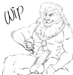 anthro balls digital_media_(artwork) dutch_angle erection fairfax felid fur furry genitals hi_res humanoid_genitalia humanoid_penis lion male mammal monochrome muscular muscular_anthro muscular_male pantherine penis presenting sitting solo solo_focus spread_legs spreading unfinished