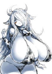 2b213 blush bra cleavage cow_bikini cow_girl cow_horns cow_print cowbell curvy eye_bags female huge_breasts looking_at_viewer mei_(2b213) solo source_request