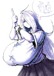 2b213 bowtie curvy curvy_hips eye_bags female huge_breasts humor large_breasts long_hair mei_(2b213) one_eye_covered school_uniform skirt solo source_request tagme thick thick_thighs