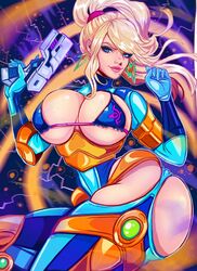 adapted_costume armor ass beauty_mark big_ass big_lips bimbo blonde_hair blue_eyes bra breasts earrings female gun large_breasts lipstick metroid nintendo ponytail power_suit samus_aran stvkar theartofmathew thick_thighs varia_suit veins veiny_breasts weapon zero_suit