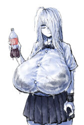 2b213 bowtie bra coca-cola cola curvy eye_bags female fully_clothed holding_object huge_breasts humor mei_(2b213) one_eye_covered school_uniform skirt solo source_request wet_clothes white_background white_hair