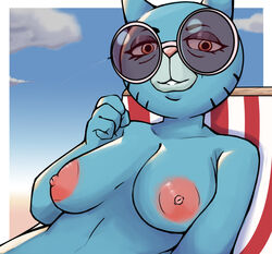 2021 4_fingers absurd_res aircraft airplane anthro areola big_breasts breasts cartoon_network chair cloud domestic_cat eyewear felid feline felis female fingers furniture gilf half-closed_eyes hi_res looking_at_viewer lounge_chair mammal mary_senicourt mature_female narrowed_eyes nipples nude outside pink_nose sin-buttons_(artist) sky smile solo sunglasses the_amazing_world_of_gumball whiskers