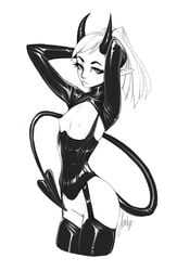 2020 bottomless clothed clothing corset demon female flat_chested garter_straps glistening glistening_clothing humanoid latex_legwear latex_topwear legwear licheart lingerie monochrome raised_clothing raised_topwear rubber rubber_suit sketch solo spade_tail thigh_highs topwear