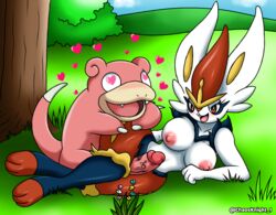 1boy 1girls big_breasts chaosknight_1 cinderace female female_cinderace female_pokemon male/female male_pokemon nintendo no_humans penis_grab pokémon_(species) pokemon pokemon_ss rabbit seductive_smile slowpoke