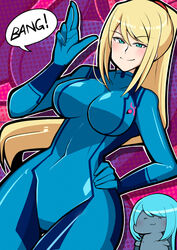 :3 big_breasts blonde_hair bodysuit breasts chibi curvy dark_samus finger_gun iriomote_umineko metroid nintendo samus_aran source_request tagme zero_suit zero_suit_samus