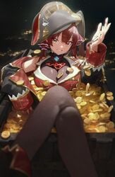 big_breasts chest cleavage coins cravat crossed_legs female gloves gold hair_decoration heterochromia hololive hololive_fantasy hololive_japan houshou_marine jacket jeonghee1414 latex looking_at_viewer object_between_breasts pirate_hat red_eyes red_hair smiling solo_focus treasure virtual_youtuber voluptuous yellow_eyes