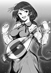 :d absurdres benben_tsukumo chains commentary_request female greyscale highres long_hair looking_to_the_side monochrome musical_note open_mouth sen_(daydream_53) smile solo touhou very_long_hair