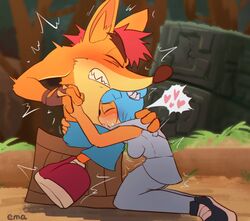 2021 activision anthro bandicoot blue_hair blush bodily_fluids crash_(series) crash_bandicoot deep_throat deepthroat duo ema_npr fellatio female hair heart hi_res kneeling male male/female mammal marsupial megumi_bandicoot oral oral_penetration orgasm penetration penile saliva sex video_games