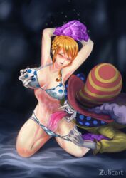 1boy 1girls age_difference breasts charlotte_perospero cleavage female large_breasts licking licking_pussy long_hair long_tongue male nami nipple_tweak one_piece orange_hair rape restrained smile wrists_bound zulicart