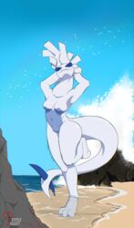 absurd_res anthro beach breasts female genitals hi_res legendary_pokémon lugia nintendo nude pokemon pokemon_(species) pussy riddleheart seaside solo standing video_games