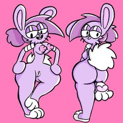 1:1 anthro ass big_butt big_tail breasts bunny_enid cartoon_network digital_media_(artwork) enid female fur genitals hair half-closed_eyes hi_res lagomorph leporid looking_back mammal narrowed_eyes nipples nude ok_k.o.!_let's_be_heroes pawpads pink_background purple_body purple_fur purple_hair pussy rabbit simple_background smile solo teeth thick_thighs under_boob were whiskers wide_hips zdarc