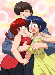 1boy 2girls akane_tendo blue_eyes blue_hair blush braid breast_grab breasts brown_eyes brown_hair chinese_clothes closed_eyes clothing double_breast_grab dress genderswap_(mtf) grabbing grabbing_from_behind groping groping_breasts large_breasts mage_(harumagedon) multiple_girls open_mouth plump ranma-chan ranma_1/2 ranma_saotome red_hair rule_63 shirt short_hair single_braid sleeveless sleeveless_dress sleeveless_shirt surprised sweatdrop tangzhuang tatewaki_kuno yellow_dress