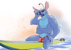 1boy 2021 alien antennae_(anatomy) anthro anthrofied arm_tuft blue_body blue_claws blue_eyes blue_fur blue_nipples blue_nose bulge claws clothing crossed_arms digital_drawing_(artwork) digital_media_(artwork) dipstick_antennae disney elbow_tufts experiment_(lilo_and_stitch) eyewear fur genital_outline grin hand_on_leg hand_on_thigh head_tuft himbo_stitch lilo_and_stitch looking_at_viewer male male_only multicolored_antennae muscular muscular_anthro muscular_male neverwolf nipples notched_ear one_eye_closed penis_outline sea signature smile solo speedo stitch sunglasses surfboard swimwear tuft vehicle water watercraft wink