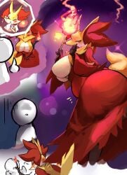 anthro big_breasts biped blush braixen breasts delphox featureless_breasts female fingers fur generation_6_pokemon group hi_res inner_ear_fluff larger_anthro larger_female male nintendo nojaaaaaaaarori open_mouth open_smile pokemon pokemon_(species) red_body red_eyes red_fur red_nose size_difference smile tail thought_bubble trio tuft white_body white_fur yellow_body yellow_fur yellow_tail