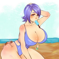 1girls 2boys aqua_(kingdom_hearts) ass ass_grab beach bent_over big_ass big_breasts blue_eyes blue_hair cleavage color disney giantess hand_on_head kingdom_hearts large_ass larger_female looking_at_viewer ocean one-piece_swimsuit pinkkoffin popsicle size_difference smaller_male square_enix terra_(kingdom_hearts) thick_thighs ventus