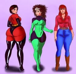 3girls anna_marie big_ass big_breasts boots brown_hair crossover dimples elastigirl female female_only freckles fully_clothed helen_parr high_heels huge_ass jeans latex marvel marvel_comics mary_jane_watson masochistmaverick milf pawg pose red_hair rogue_(x-men) spider-man_(series) the_incredibles thick_thighs thighhighs thighs x-men