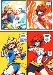 2girls ass big_breasts blonde_hair blue_eyes breasts charlotte_vanders comic_page female_superhero kamen_america kamen_america_(character) kamen_america_(series) kamen_comet looking_at_viewer looking_back misha_lovacova multiple_girls orange_eyes red_hair superhero superheroine tagme thick_thighs thighs tight_fit