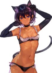 1girls animal_ears arm_warmers armpits arms_up bare_shoulders black_bra black_panties bra breasts brown_skin cameltoe cat_ears cat_tail catgirl choker collarbone cowboy_shot dark-skinned_female dark_skin elbow_gloves female female_focus female_only front_view gloves hair_between_eyes konbu_wakame lingerie looking_at_viewer midriff mole navel original original_character panties parted_lips posing purple_eyes purple_hair ribbon short_hair slim slit_pupils small_breasts solo stomach tail toned toned_female underwear