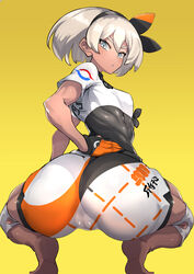 ass_focus bea_(pokemon) big_ass big_butt dark-skinned_female dark_skin gloves grey_eyes grey_hair hair_ribbon huge_ass huge_butt human looking_at_viewer looking_back nuezou pokemon pokemon_ss pussy_visible_through_clothes shiny_skin short_hair shorts small_breasts squatting