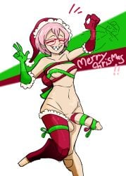 christmas christmas_outfit christmas_stocking gift_wrapped gift_wrapped_female girly glasses lotus_llc pink_hair red_glasses santa_hat sharp_teeth trans_woman trans_woman_(lore)