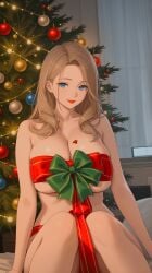 1girls ai_generated blue_eyes christmas christmas_tree cleavage female hi_res highres indoors large_breasts light_brown_hair lipstick milf original_character pixai ribbon sitting smile solo