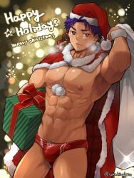 1boy abs armpits arms_up bag bell between_breasts big_areola big_breasts bulge bulge_through_clothing cape christmas christmas_clothing christmas_hat christmas_headwear christmas_outfit christmas_present clothed ebitendon frown genital_outline gift gift_bag gift_box half-closed_eyes happy_holidays hi_res holding_object looking_at_viewer male male_breasts male_only manly mature_male merry_christmas mistletoe muscles muscular muscular_arms muscular_legs muscular_male muscular_thighs navel object_between_breasts oppai original_character pecs pom_poms purple_eyes purple_hair red_clothing sack santa_costume santa_hat short_hair six_pack solo sparkles standing steam steamy_breath sweat sweatdrop swim_briefs swimsuit thick_arms topless torakichi_(ebitendon) torakitchen v-shaped_eyebrows wristband