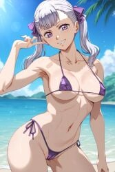 bikini_morado, cabello_plateado, ojos_morados, playa, tagme,