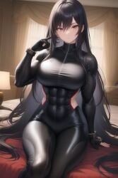 abs ai_generated bedroom black_hair dark_lighting fit_female large_breasts latex latex_suit messy_hair muscular original pink_hair sci-fi seductive serious wide_hips