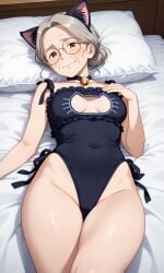 ai_generated arkstarrr_(artist) cat_costume cat_ears chest_window cosplay gilf glasses gray_hair hair_bun mature mature_female mature_woman medium_breasts wrinkles