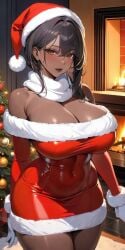 1girls ai_generated bare_legs bare_shoulders big_breasts black_hair blush brown_eyes christmas christmas_clothing christmas_hat christmas_headwear christmas_lights christmas_outfit christmas_present christmas_tree cleavage commentary_request curvy curvy_figure dark-skinned_female dark_hair dark_lips dark_lipstick dark_skin dress earrings female female_focus female_only fireplace fur_trim gloves hat hourglass_figure indoors inside large_breasts lia_the_busty_redhead living_room long_hair looking_at_viewer makeup mature mature_female mature_woman minidress off_shoulder original original_character presents scarf seductive self_upload short_dress solo solo_female solo_focus tagme white_gloves wide_hips