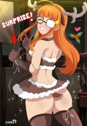 1girls animal_ear_hairband ass buttplug_tail choker christmas christmas_outfit closed_eyes deer_horns fake_animal_ears fake_horns female female_only glasses gloves horns_hairband karbuitt long_hair looking_at_viewer looking_back looking_back_at_viewer miniskirt orange_hair persona persona_5 rear_view sakura_futaba smiling smiling_at_viewer solo stockings surprise teeth_showing topwear very_high_resolution