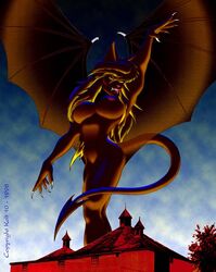 1990s 1998 20th_century anthro building chiropteran colored demon digital_drawing_(artwork) digital_media_(artwork) digital_painting_(artwork) fangs female hair kolt long_hair long_tail looking_away macro mammal night ominous plant raised_hand solo spread_wings tongue tongue_out tree wings