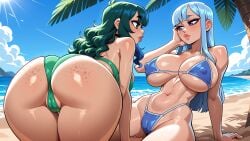 2026 2d 2girls absurd_res absurd_resolution absurdres ai_generated anus_peek arm_support ass ass_focus beach bikini blue_bikini blue_hair blue_sky blush body_freckles breasts cameltoe cloud covered_nipples day freckles green_bikini green_eyes green_hair hi_res high_quality high_resolution highres image large_breasts lips long_hair looking_at_another makeup mayrainart multiple_girls navel oc ocean original original_character outdoors palm_tree partially_visible_vulva patreon patreon_username purple_eyes sitting sky swimsuit thighs tree uncensured watermark