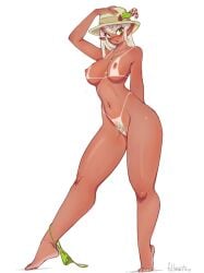 areola biped breasts clothing digital_media_(artwork) elf eyelashes female fullmontis genitals hair headgear headwear hi_res looking_at_viewer navel nipples pupils pussy simple_background smile solo suntan tan_line thick_thighs three-quarter_view