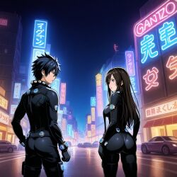 1boy 1girls ai_generated crossover fairy_tail female gantz gantz_suit gray_fullbuster male reika_shimohira