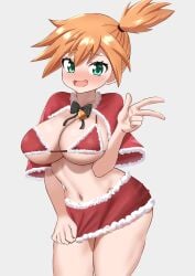 :d asymmetrical_hair bangs bell bikini black_bow blush bow breasts capelet christmas christmas_outfit cleavage clothing eyelashes female female female_only fur-trimmed_capelet fur-trimmed_skirt fur_trim green_eyes hand_up hat headwear high_resolution kasumi_(pokemon) kasumi_(pokemon) large_breasts looking_at_viewer navel open-mouth_smile open_mouth orange_hair pokemon pokemon_character ponytail red_bikini red_capelet red_headwear red_skirt red_swimsuit runate santa_hat shirt short_hair side_ponytail skirt skirt_tug smile solo standing swimsuit thighs tied_hair v w