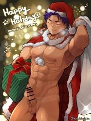 1boy abs armpits arms_up bag balls bell between_breasts big_areola big_breasts big_penis cape cape_only censor_bar censored censored_penis christmas christmas_clothing christmas_hat christmas_headwear christmas_outfit christmas_present closed_eyes completely_nude ebitendon erection foreskin_folds frenulum frown gift gift_bag gift_box half-closed_eyes happy_holidays hat_only hi_res holding_object male male_breasts male_only manly mature_male merry_christmas mistletoe muscles muscular muscular_arms muscular_legs muscular_male muscular_thighs navel object_between_breasts oppai original_character pecs penis pom_poms pubic_hair purple_hair red_clothing sack santa_costume santa_hat short_hair six_pack solo sparkles standing steam steamy_breath sweat sweatdrop tan_body tanline testicles thick_arms torakichi_(ebitendon) torakitchen v-shaped_eyebrows wristband