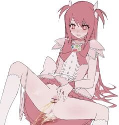 1girls :d absurd_res absurdres balala_the_fairies balala_the_fairies_rainbow_heart_stone censor_bar censored censored_pussy cum cum_drip female female_only highres ling_mei_xue long_hair magical_girl open_mouth peeing peeing_self pink_eyes pink_hair precure pretty_cure pussy pussy_juice pussy_juice_drip simple_background skirt skirt_lift solo twintails white_background y9ru