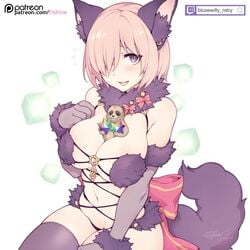 animal_ears animal_tail big_breasts blush cosplay curvy cute_fang elbow_gloves fate/grand_order fate_(series) female fishine fur_bikini hair_over_one_eye huge_breasts looking_at_viewer mash_kyrielight mash_kyrielight_(dangerous_beast) pale-skinned_female pale_skin pink_hair sitting thighhighs wolf_costume wolf_ears