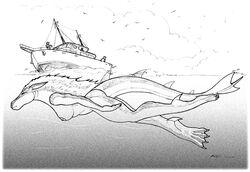 2001 anthro black_and_white boat equid equine female gesture horse hybrid kolt long_tail looking_down macro mammal marine membrane_(anatomy) monochrome muscular muscular_female pointing pointing_at_another sea solo swimming traditional_media_(artwork) underwater vehicle water watercraft webbed_feet