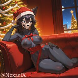 ai_generated anthro armpits black black_body black_fur black_hair black_nipples black_pussy bondage breasts christmas christmas_tree female fit fit_female furry glowing_eyes mal0 nexaelx nipples on_couch pussy ribbon scp-1471 scp-1471-a scp_foundation stable_diffusion thighs white_eyes wrapped yiff