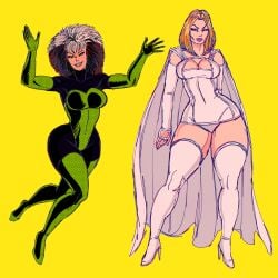 2girls big_breasts big_hair big_thighs blonde_hair bob_cut boob_window cape cleavage corset emma_frost flying hand_behind_back hands_in_hair leotard looking_at_viewer masochistmaverick panties rogue_(x-men) short_hair skirt smile thick_thighs thighhighs thin_waist tight_clothes