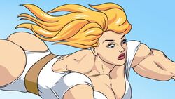 ass biceps big_breasts blue_eyes clothed_female costume dcmatthews dyna_(dcmatthews) female_only flying huge_breasts melissa_lockhart muscular_female orange_hair sky solo_female strawberry_blonde_hair superheroine