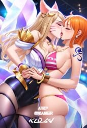 2girls ahri ai_generated bikini blonde_hair concert crossover k/da_ahri kissing large_breasts lesbian_kiss nami_(one_piece) orange_hair stage two-tone_hair yuri