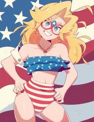 1girls american_flag american_flag_bikini blonde_hair blue_eyes charlotte_vanders female_only kamen_america kamen_america_(character) kamen_america_(series) long_hair looking_at_viewer smile superhero superheroine tagme thighs