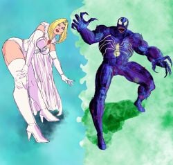 1boy 1girls alien big_breasts blonde_hair blue_eyes bob_cut corset emma_frost looking_at_viewer marvel_comics masochistmaverick monster muscular_male posing reaching_out sfw smile spider-man_(series) thick_thighs thighhighs venom_(marvel) x-men