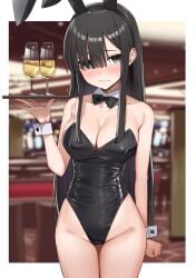 2d 2d_(artwork) black_hair blush breasts bunny_ears bunnysuit cleavage date_a_live fujibakama_mii grey_eyes light-skinned_female long_hair medium_breasts solo solo_female thighs wine_glass