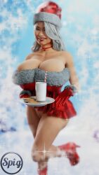 3d 3d_(artwork) 3d_model brown_skin choker christmas christmas_outfit cleavage cleavage_overflow exposed_pussy holding_object huge_breasts looking_at_viewer nicki_minaj red_lipstick thespig white_hair