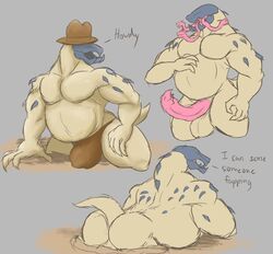 anthro anthrofied ass balls barazoku blind brown_clothing clothing cowboy_hat daikuhiroshiama dialogue dirt eyeless genitals graboid hat headgear headwear hi_res hole_(pit) long_tongue male male_only mostly_nude multi_tongue musclegut muscular muscular_anthro muscular_male nude penis pink_tongue prehensile_tongue presenting presenting_hindquarters short_tail solo spikes spikes_(anatomy) tan_body tan_skin text thong tongue tongue_mouth tremors underwear universal_studios unusual_genitalia unusual_penis worm